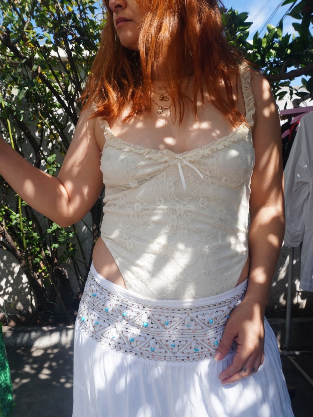 Tiger Mist Cream Lace Bodysuit Top